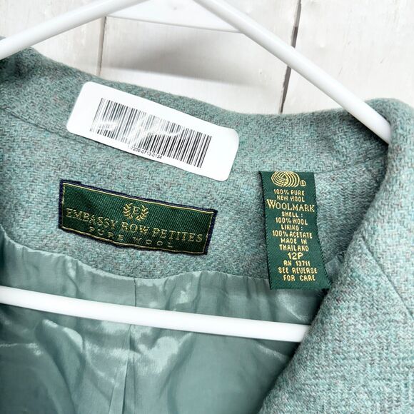 Embassy Row Petites Jacket Women Size 12P 100% Wool Button Up Teal Green Blazer - Picture 2 of 3